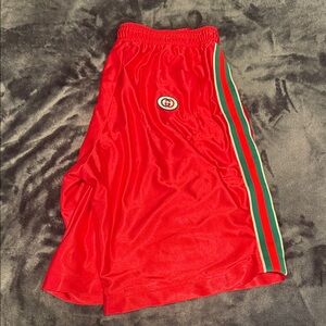 Red Gucci Athletic Shorts with Green Stripe Accent